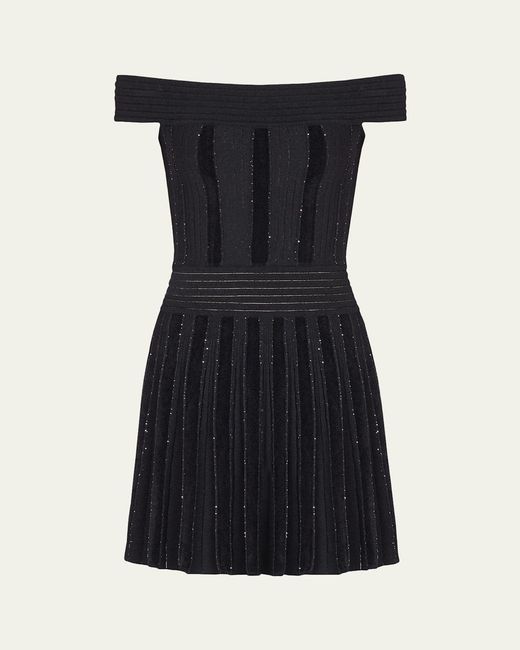 Balmain Black Off-The-Shoulder Metallic Velvet Pleated Knit Mini Dress