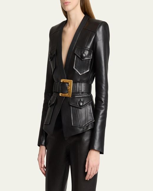 Balmain Black Belted Leather Fitted Jacket