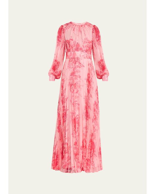 Teri Jon Pink Pleated Floral-print Blouson-sleeve Gown