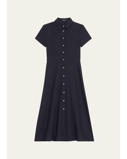 Theory Blue Good Linen Short-sleeve Button-front Midi Shirt Dress