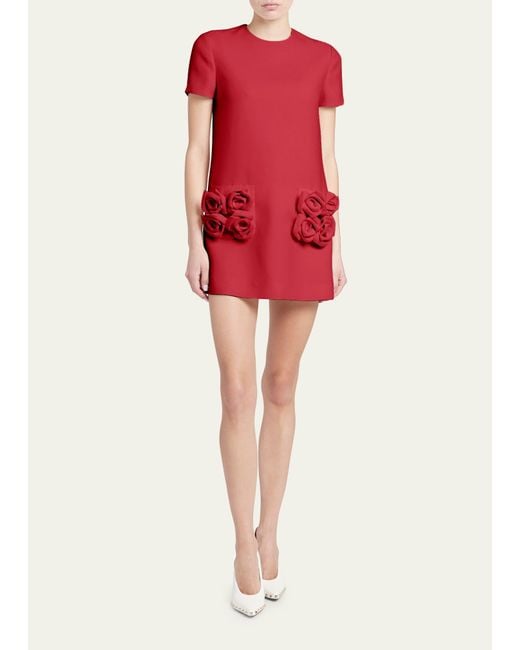 Valentino Garavani Red Crepe Couture Mini Dress With Floral Applique Details