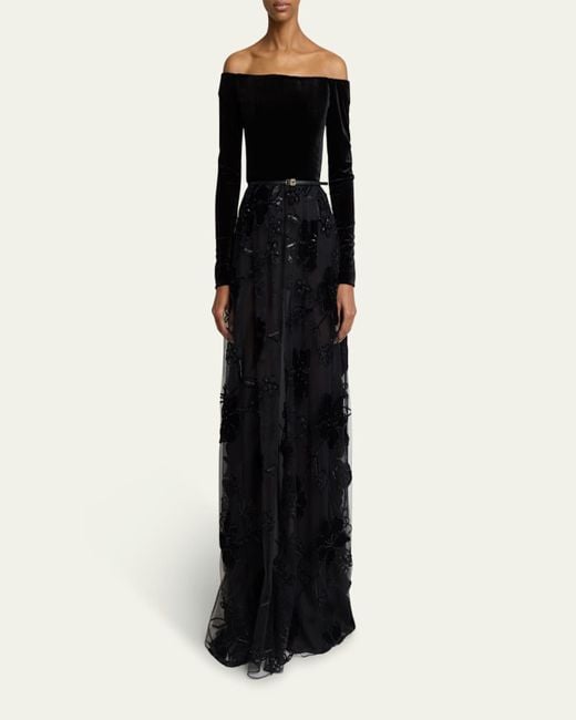 Elie Saab Black Off-The-Shoulder Velvet Sequined Tulle Gown