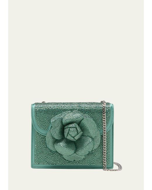 Oscar de la Renta Green Mini Flower Crystal-embellished Crossbody Bag