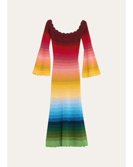 Oscar de la Renta Multicolor Off-shoulder Rainbow Ombre Crochet Knit Midi Dress