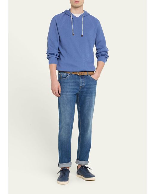 Brunello Cucinelli Blue Cotton Ribbed Pullover Hoodie for men