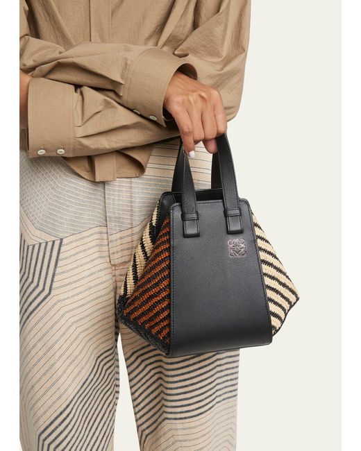 Loewe Black X Paula's Ibiza Hammock Compact Top-handle Bag In Striped Raffia With Leather Handles