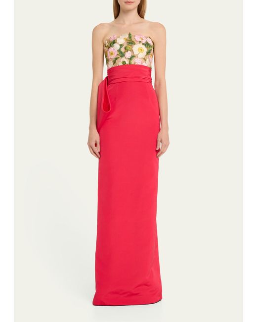 Oscar de la Renta Pink Poppies Embroidered Strapless Corset Bow Faille Gown