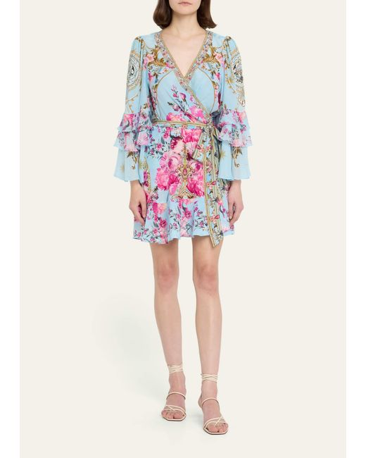 Camilla White Ruffle-sleeve Floral Silk Mini Wrap Dress