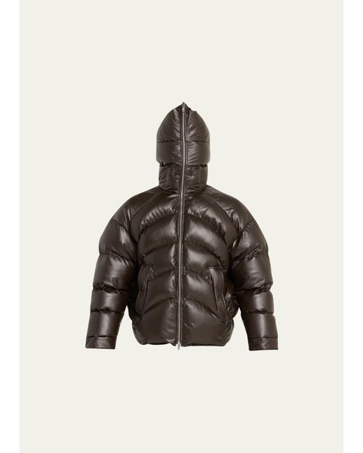 Random Identities Brown Hooded Faux-leather Puffer Jacket for men