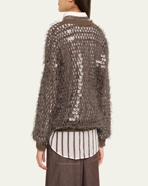 Brunello Cucinelli Brown Fringe Mosaic Yarn Net Embroidered V-Neck Sweater