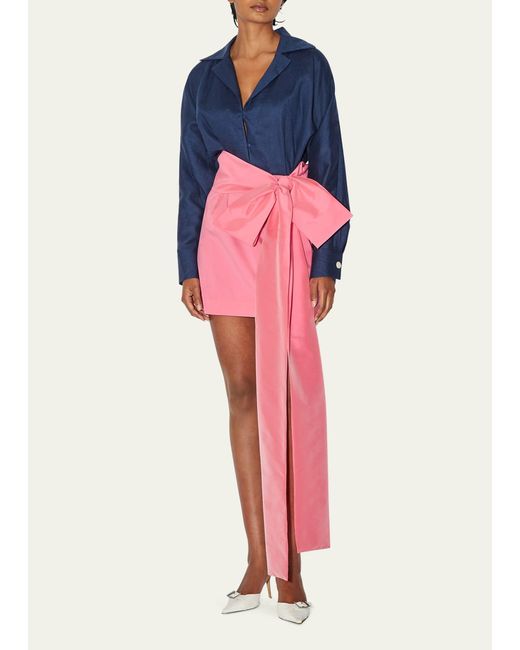 BERNADETTE Pink Claire Colorblock Bow Mini Linen Dress