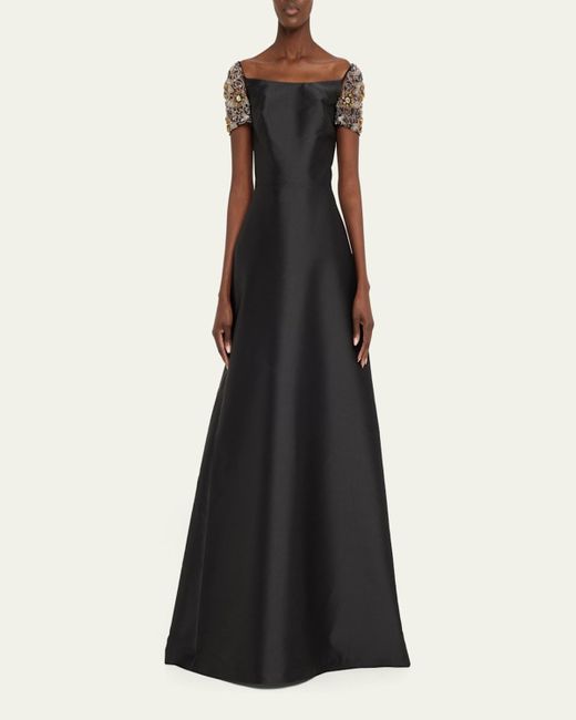 Reem Acra Black Mikado Soft Kaftan With Tulle Beaded Sleeves