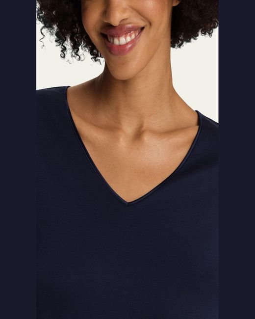 Hanro Blue Silk-Trim Mercerized Cotton Pajama Set