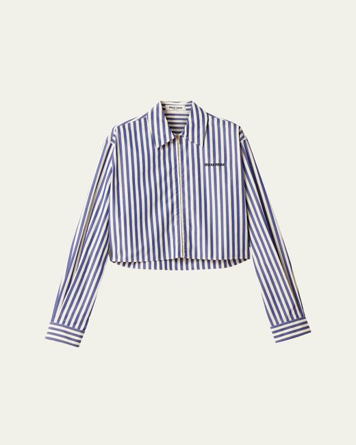 Miu Miu Blue Striped Zip-Up Cropped Poplin Shirt