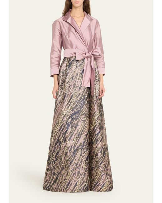 Teri Jon Pink A-line Taffeta & Metallic Jacquard Shirt Gown