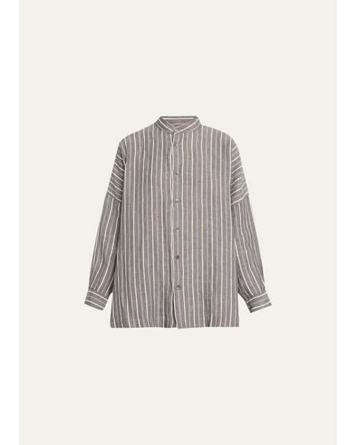 Eskandar Gray Stripe Wide Longer Back Collarless Shirt (long Length)