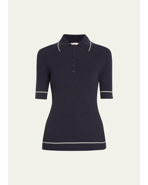 Lafayette 148 New York Blue Ribbed Elbow-sleeve Polo T-shirt