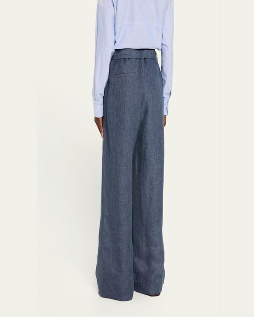 Brunello Cucinelli Blue Denim-Effect Linen Wide-Leg Track Pants With Monili Belt Loop