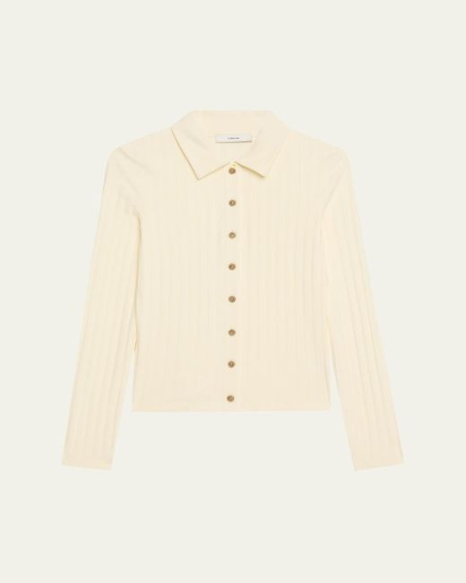 Vince Natural Long-Sleeve Ribbed Button-Front Top