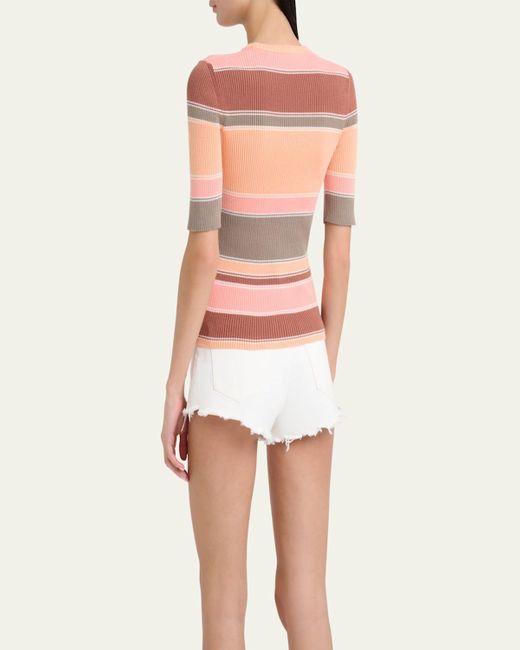 Chloé Pink Striped Crewneck Rib Knit Cotton Top