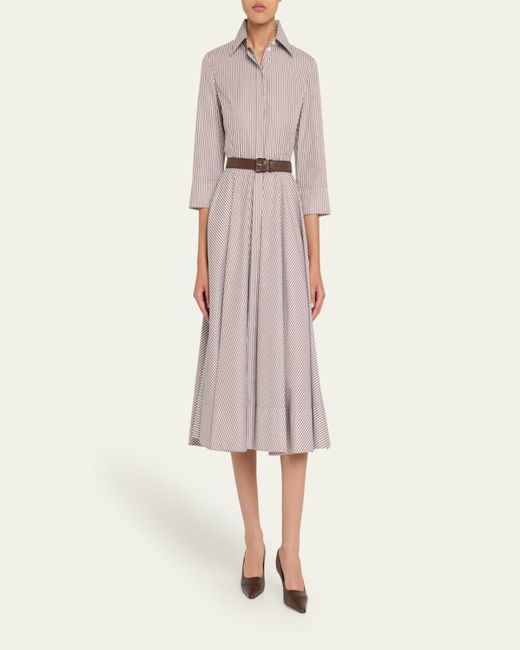 Michael Kors Pink 3/4-Sleeve Striped Midi Shirtdress With Belt