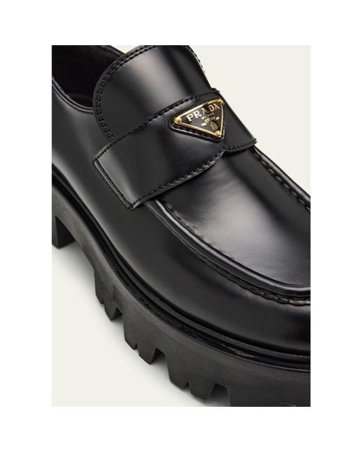 Prada Black Platform Leather Triangle Logo Loafers