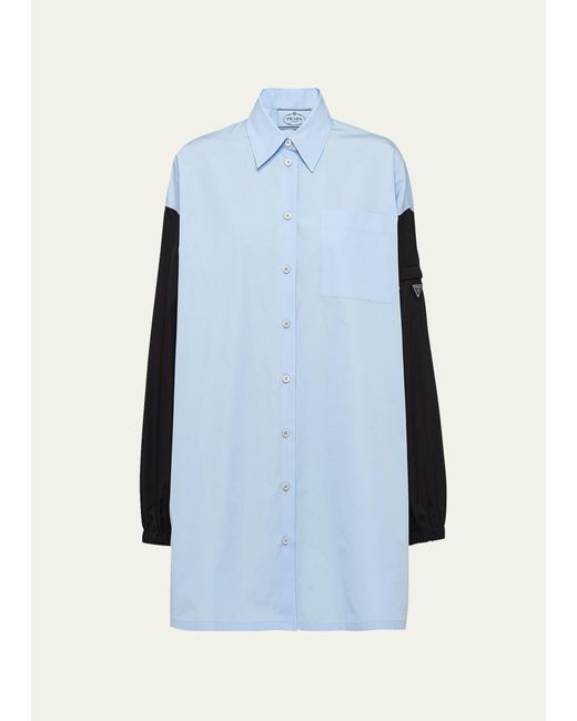 Prada Blue Button-down Poplin Shirtdress With Re-nylon Sleeves