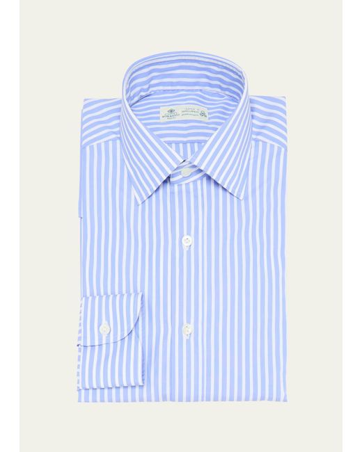 Luigi Borrelli Napoli Blue Cotton Bengal Stripe Dress Shirt for men