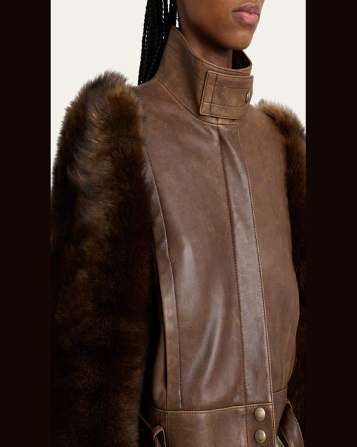 Chloé Brown Faux Fur Sleeves Leather Bomber Jacket