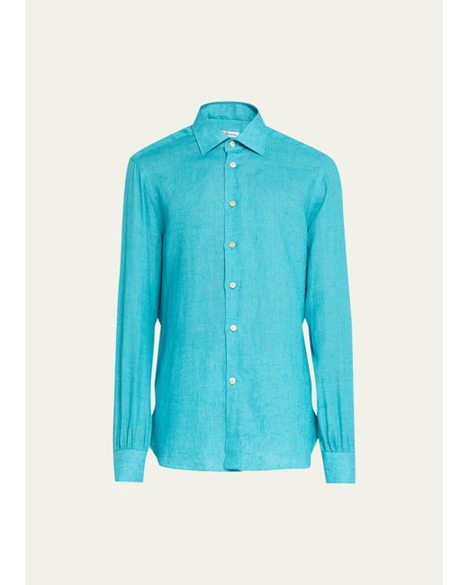 Kiton Blue Linen Casual Button-down Shirt for men