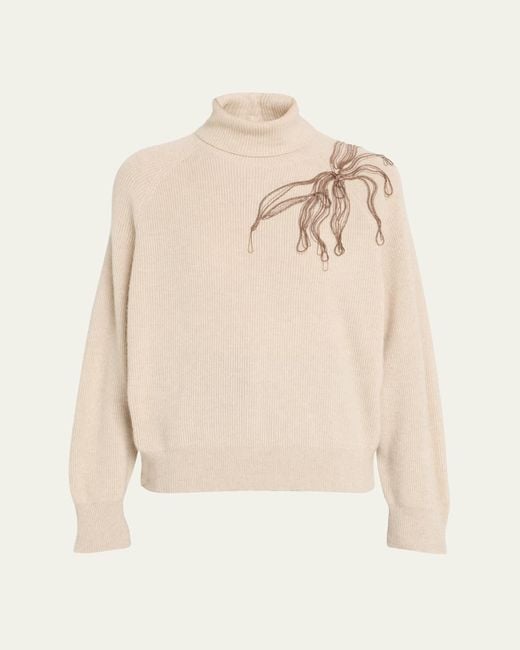 Brunello Cucinelli Natural Cashmere Turtleneck With Monili Flower Detail
