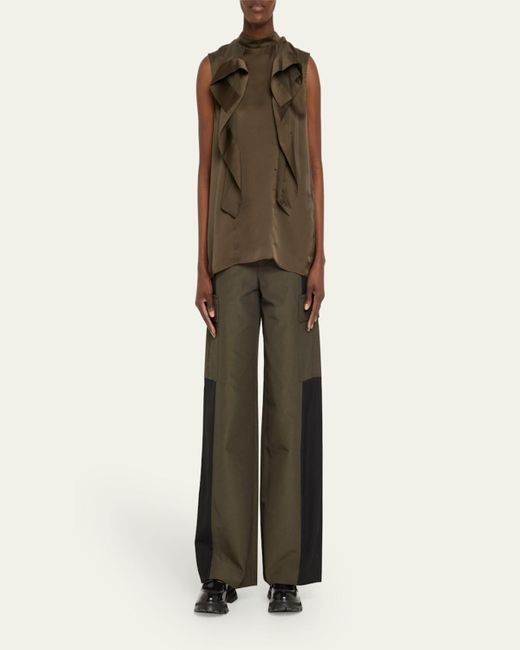 Sacai Green Ruffle High Neck Satin Chiffon Blouse