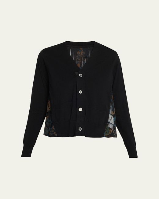 Sacai Black Hybrid Knit & Floral-Print Cardigan