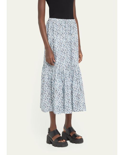 Ganni Blue Printed Cotton Maxi Flounce Skirt