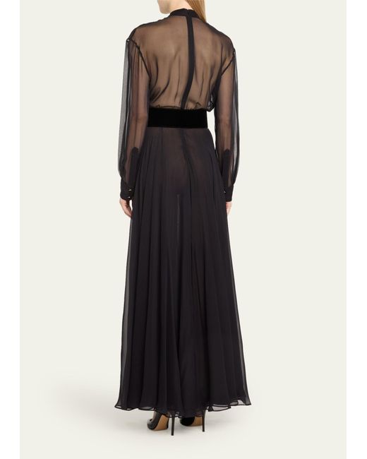 Sergio Hudson Black Sheer Belted Maxi Dress With Ruffle Top