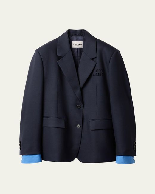 Miu Miu Blue Logo Embroidered Oversized Wool Blazer Jacket