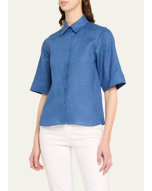 Akris Blue Linen Voile Collared Boxy Shirt