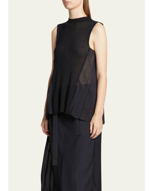 Sacai Black Sl Knit Top With Sheer Pleat