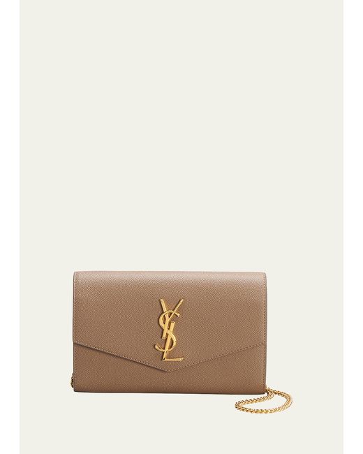 Saint Laurent Natural Uptown Ysl Wallet On Chain In Grained Leather