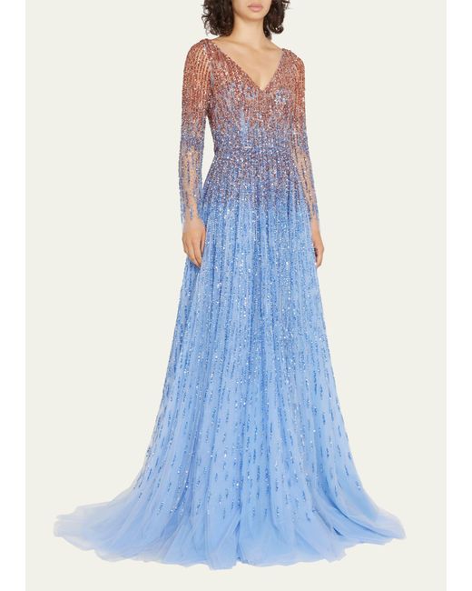 Pamella Roland Blue Ombre Embroidered Evening Gown