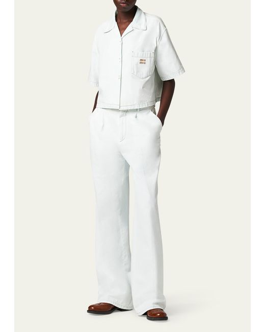 Miu Miu Multicolor Denim Chambray Short-sleeve Cropped Button-front Shirt