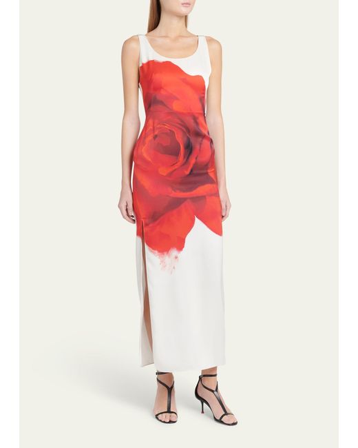Alexander McQueen Red Long Bleeding Rose Print Silk Dress