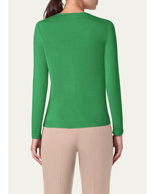 Akris Green Crewneck Cashmere-silk Seamless Fine Gauge Knit Sweater