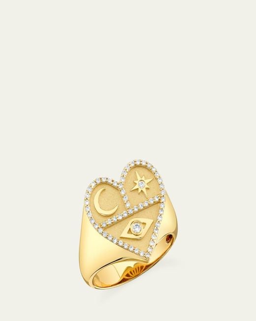 Sydney Evan Natural 14K Heart Icons Signet Ring With Diamonds