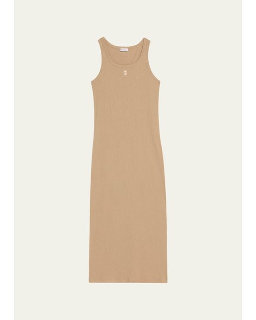Brunello Cucinelli White Cotton Ribbed Tank Dress With Crest Detail