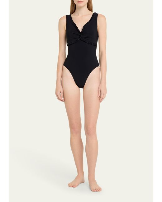 Karla Colletto Black Ruffle Twist V-neck Silent Underwire One-piece Swimsuit