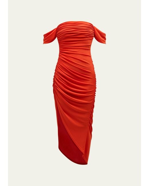 Cinq À Sept Red Delaney Off-shoulder Ruched Midi Dress