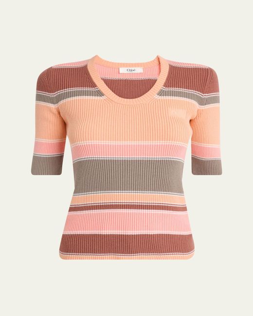 Chloé Pink Striped Crewneck Rib Knit Cotton Top