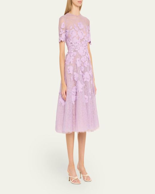 Oscar de la Renta Pink Roses Guipure Lace Applique Fit-Flare Midi Dress