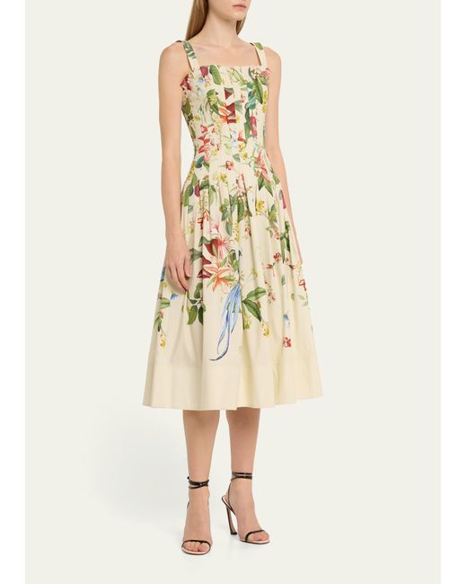 Oscar de la Renta Metallic Degrade Floral Fauna Print Draped Midi Dress